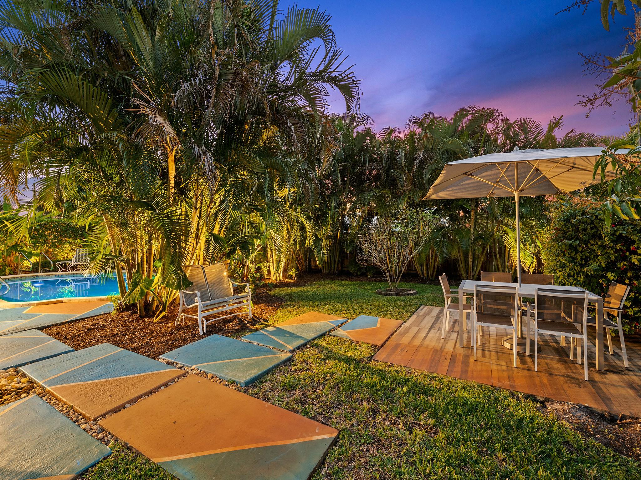 Evening backyard dining area