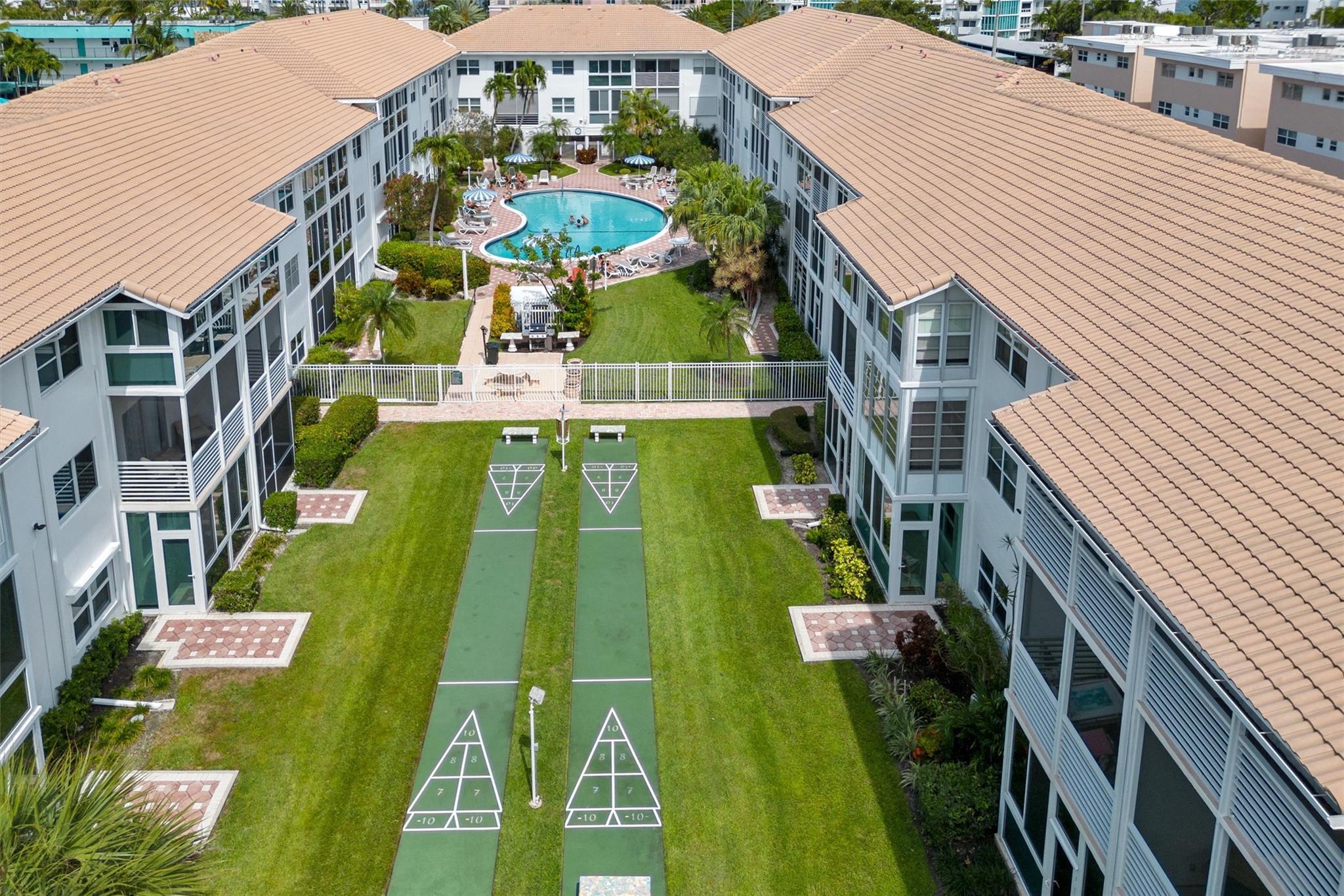 Aerial View of Garden Area, Pool and Shuffle Board