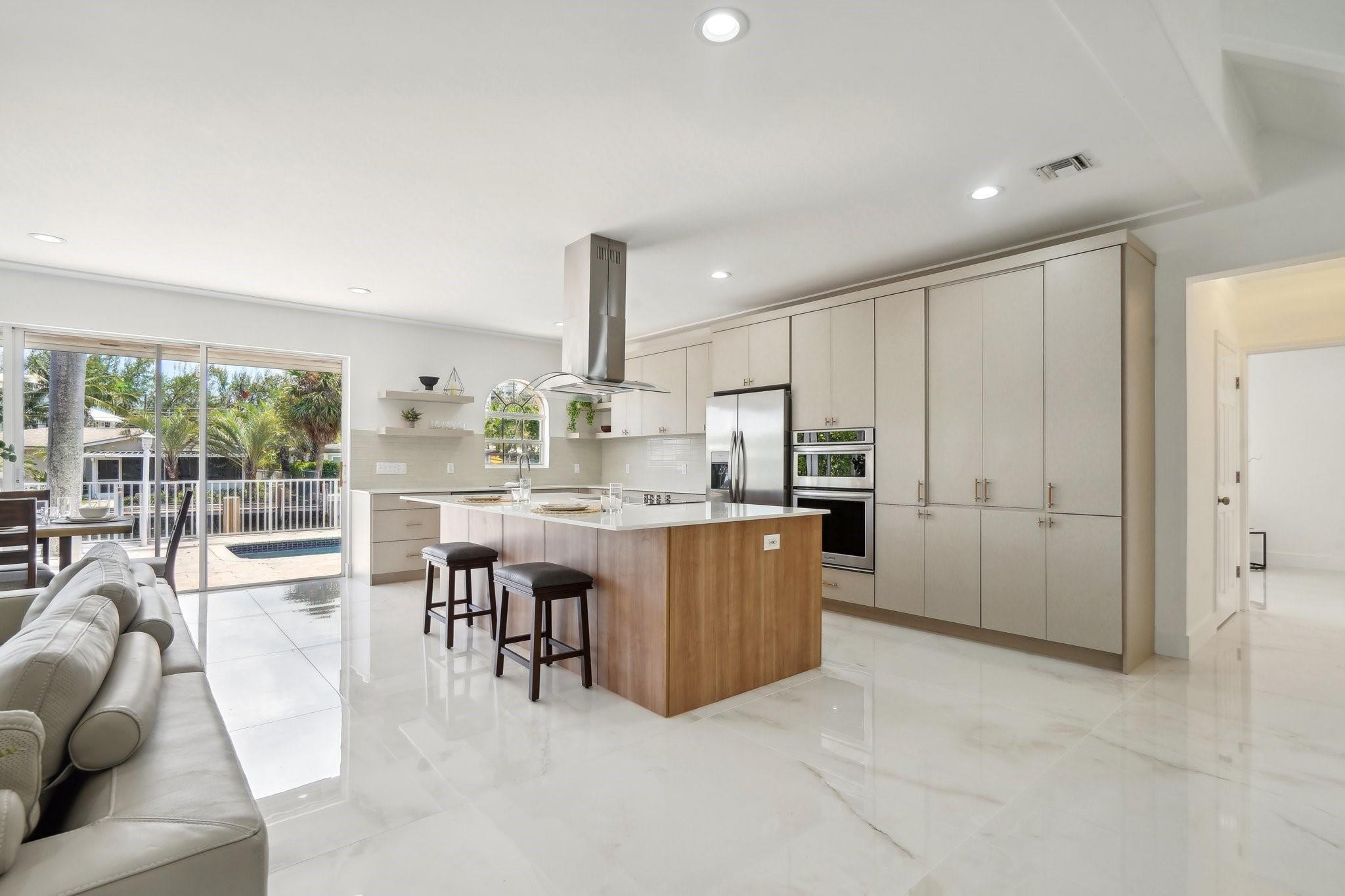 custom kitchen and island with breakfast bar