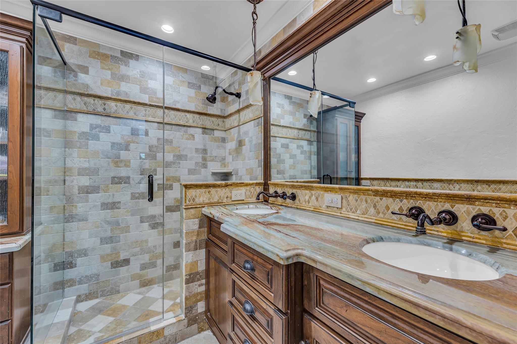 Second bathroom with double vanity and large walk in shower