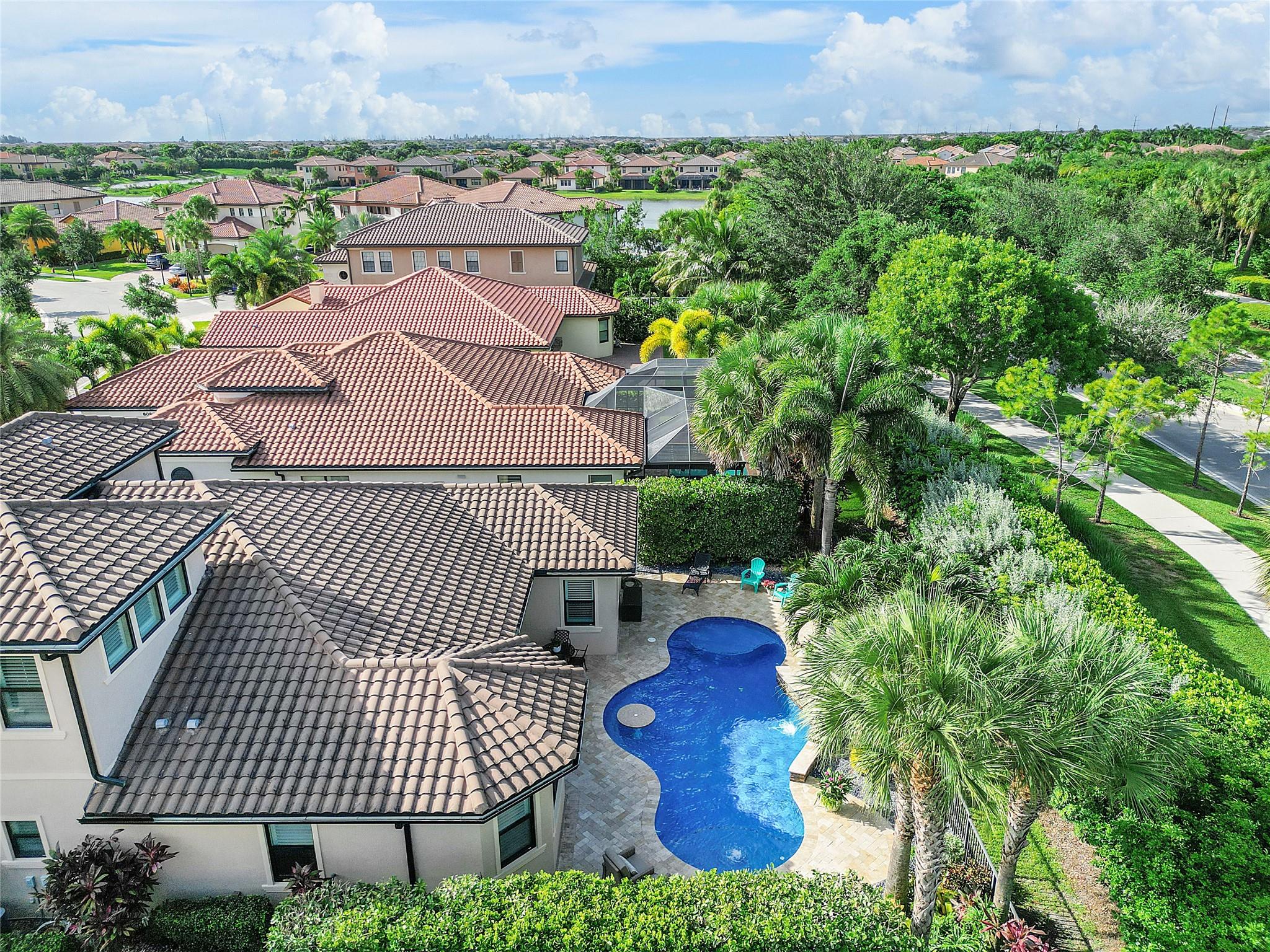 Aerial view of the heated interchangeable LED lighting pool