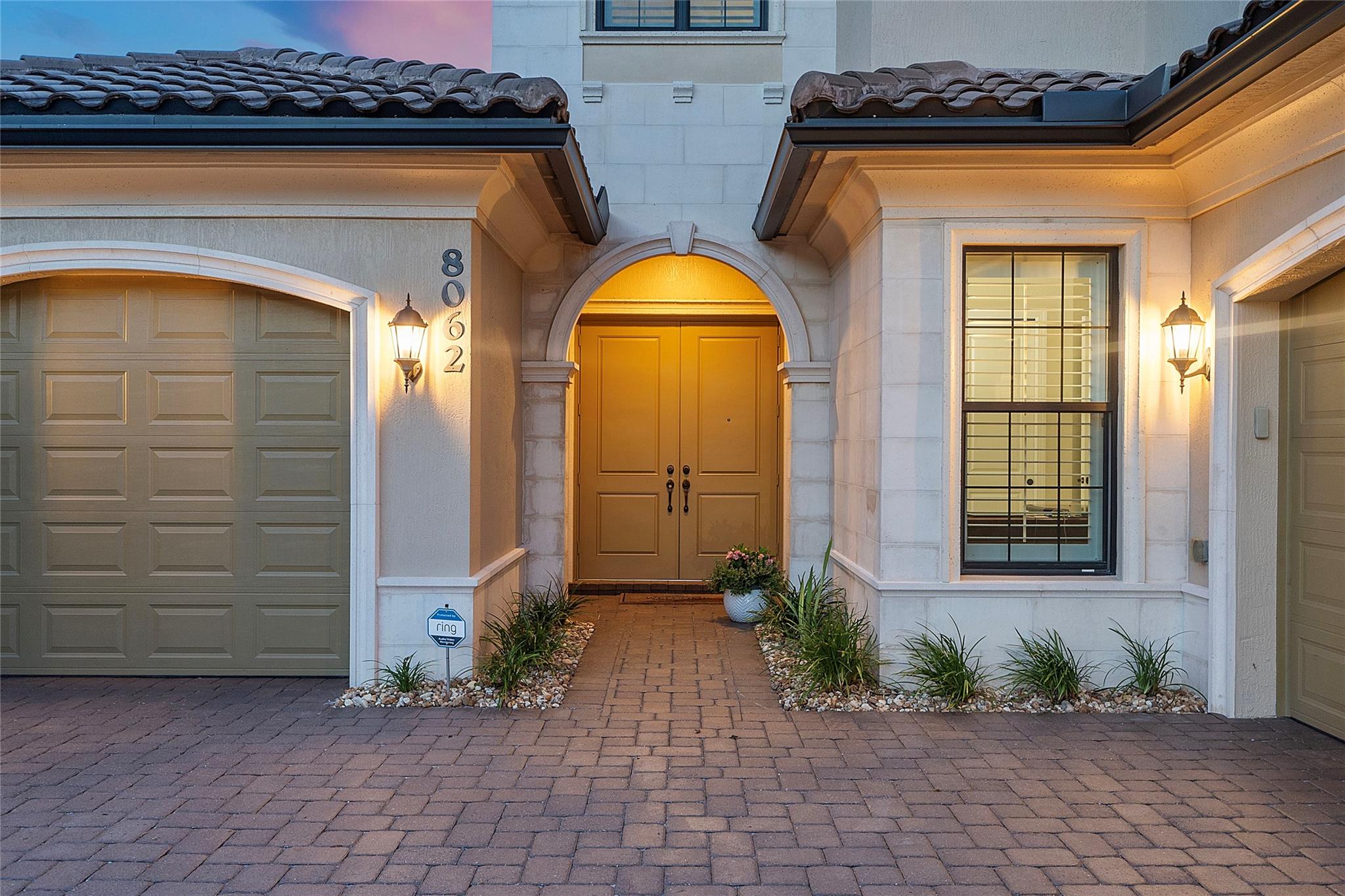Exterior lighting on the courtyard entry