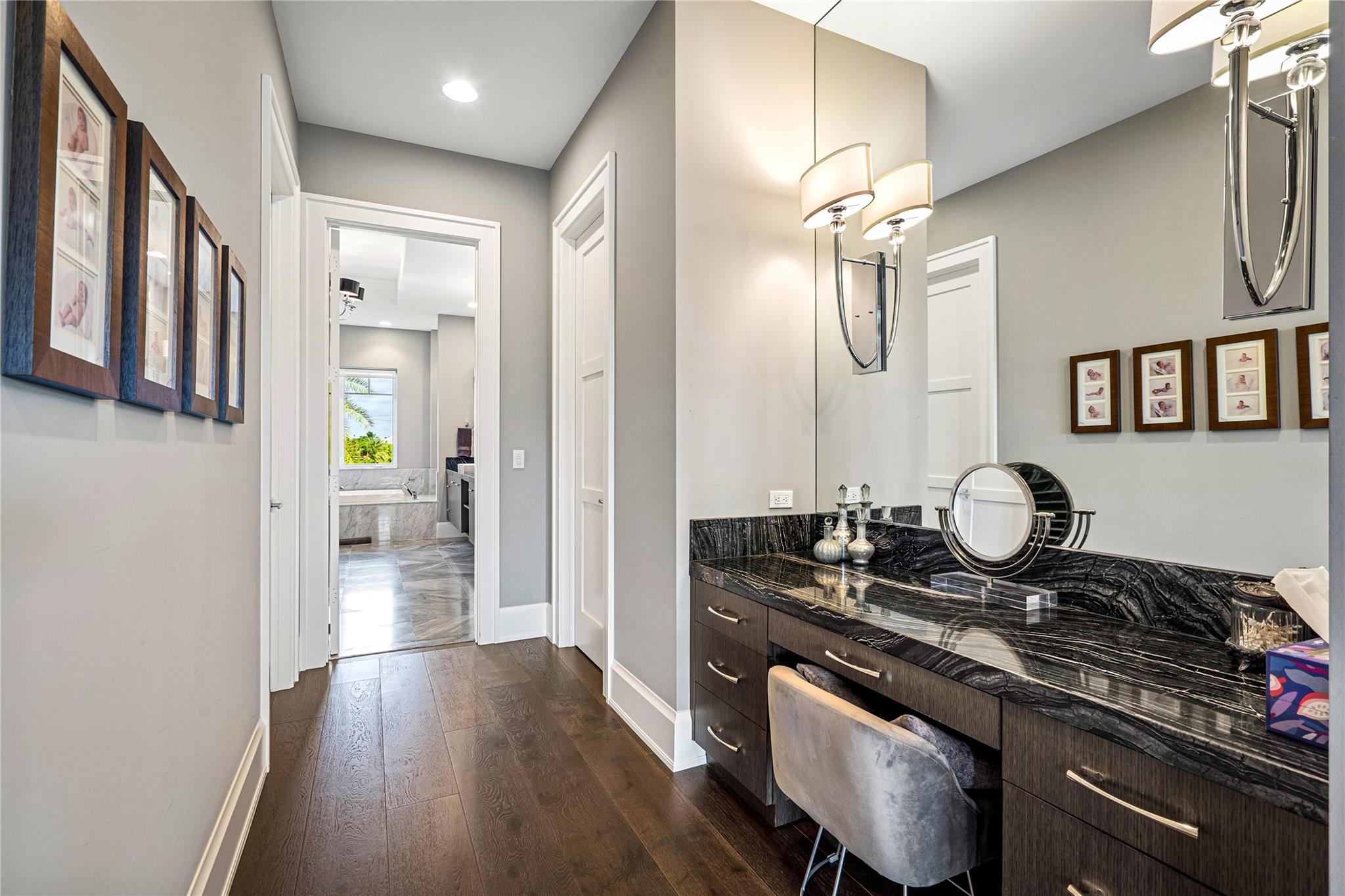 Primary Suite Hallway and Makeup Vanity