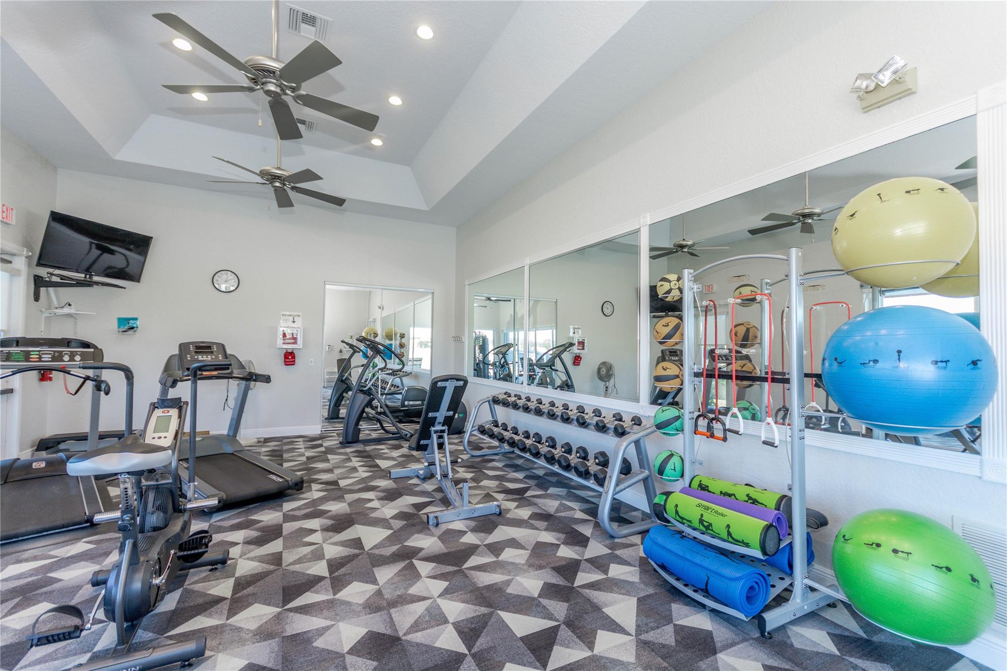 Gym with TV, Men and Woman Saunas Showers Seperate