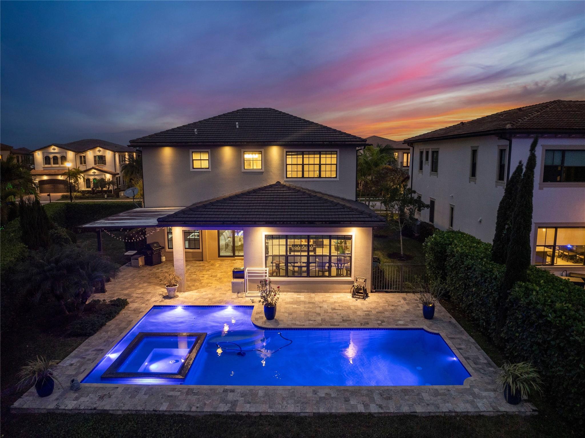 One of the many colors of the salt water heated pool and jetted spa