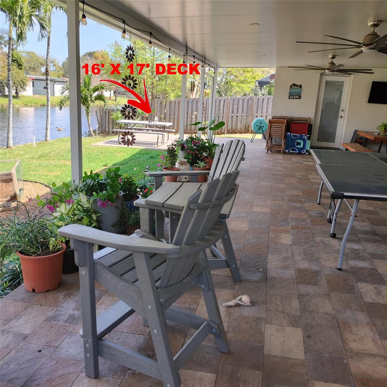 Large pavered 16'X17' concrete deck.  Great for hot tub or above ground pool for kids.