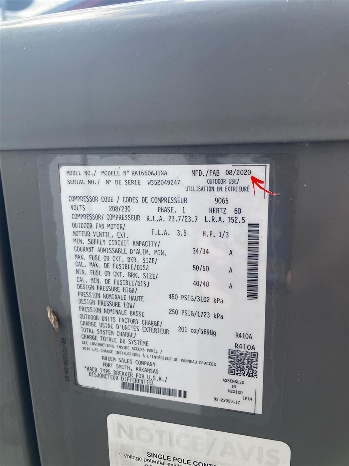 Rheem 5-Ton Central AC Unit -- August 2020