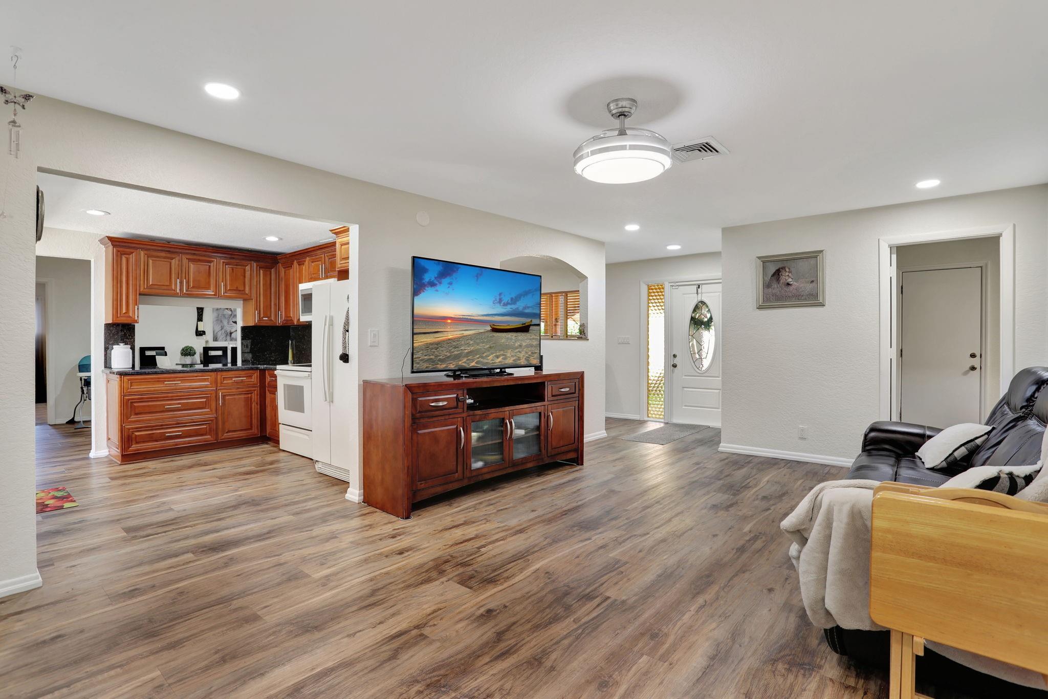 Living room that leads to kitchen