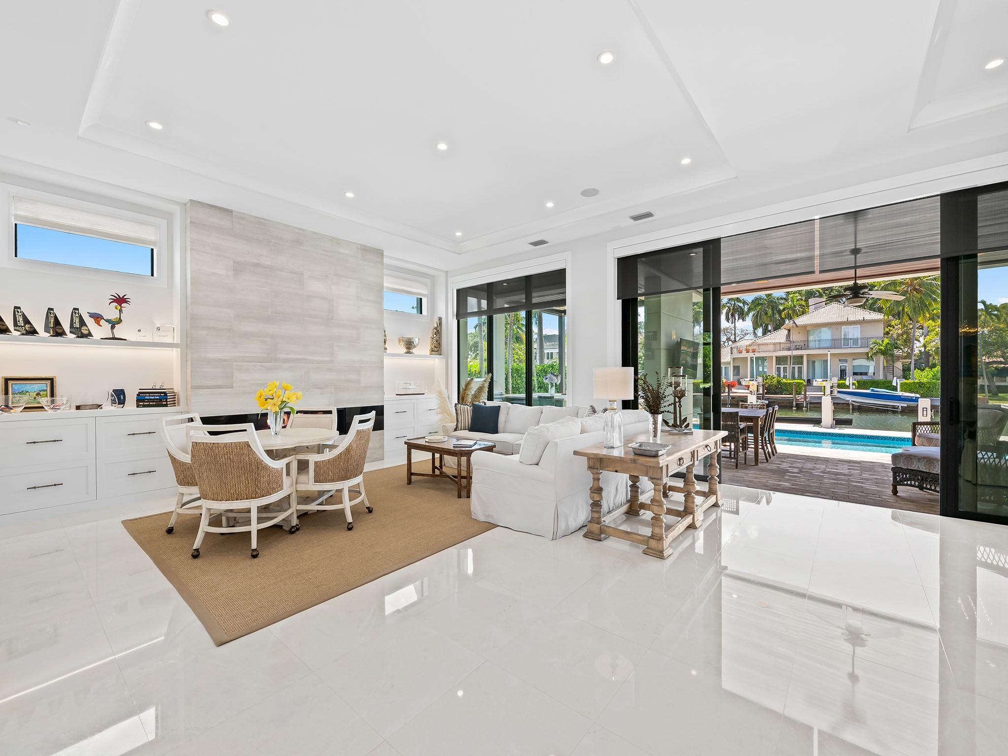 Custom built shelving seamlessly integrated into the living room