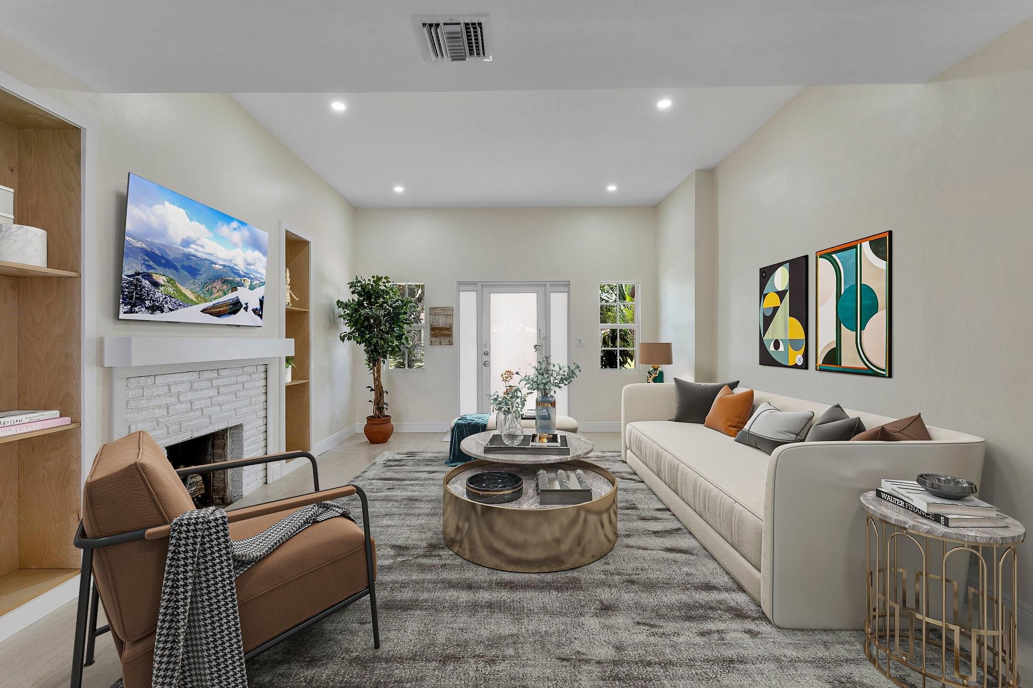 Entry living room with fireplace virtually staged