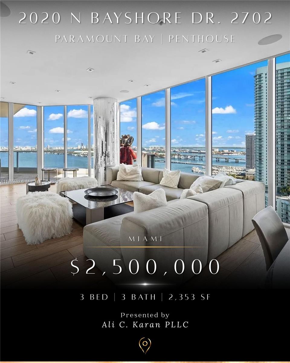 One of the most spectacular units in Paramount Bay, where no expense has been spared. This unique, flow-through furnished designer residence features 3 bedrooms, 3.5 bathrooms, and a den with unobstructed views of Biscayne Bay, the ocean, and the city. Approximately 2,353 sq. ft. of pure luxury and exquisite taste, including designer lounge lighting, electric shades, and top-quality millwork—just to name a few. This unit includes 4 parking spaces and 2 storage rooms (an estimated $200,000 value).Paramount Bay is a resort-style building designed by Lenny Kravitz, offering private foyers and world-class amenities such as 24-hour security, front desk staff, two pools, a fitness center and spa, residents’ private club room, and spa services. Located in the heart of Edgewater.