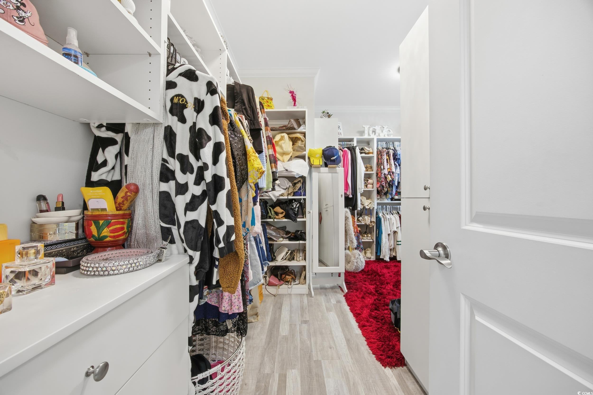 Walk in closet with light wood-style flooring
