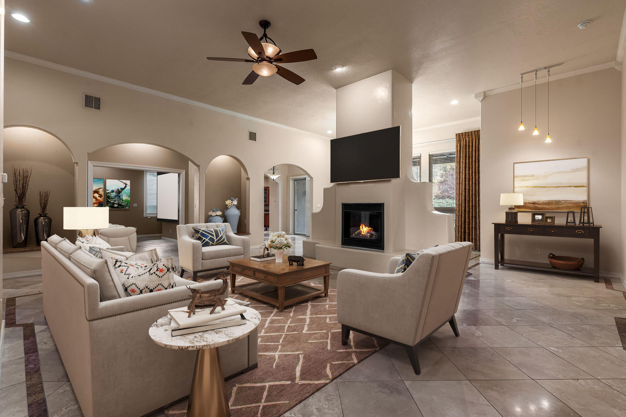 One story, 3,514 sq. ft. 3 bed + home office, Separate Dining, Living + Den. 3-car Garage. brand new HEIL HVAC package units w/ refrigerated AC and Heat January 2026! Move in Ready!Located in the gated Gardens on the Rio Grande community in the heart of Old Town, this beautifully maintained single-story ADA friendly home offers a rare blend of comfort, quality, and timeless style. The floorplan flows easily from room to room, giving each space purpose while still creating an open, welcoming feel.Travertine flooring runs throughout the home and sets a warm, upscale tone. The living room and separate den give you two distinct gathering spaces--perfect for entertaining or simply spreading out. A dedicated home office provides a quiet place to work.