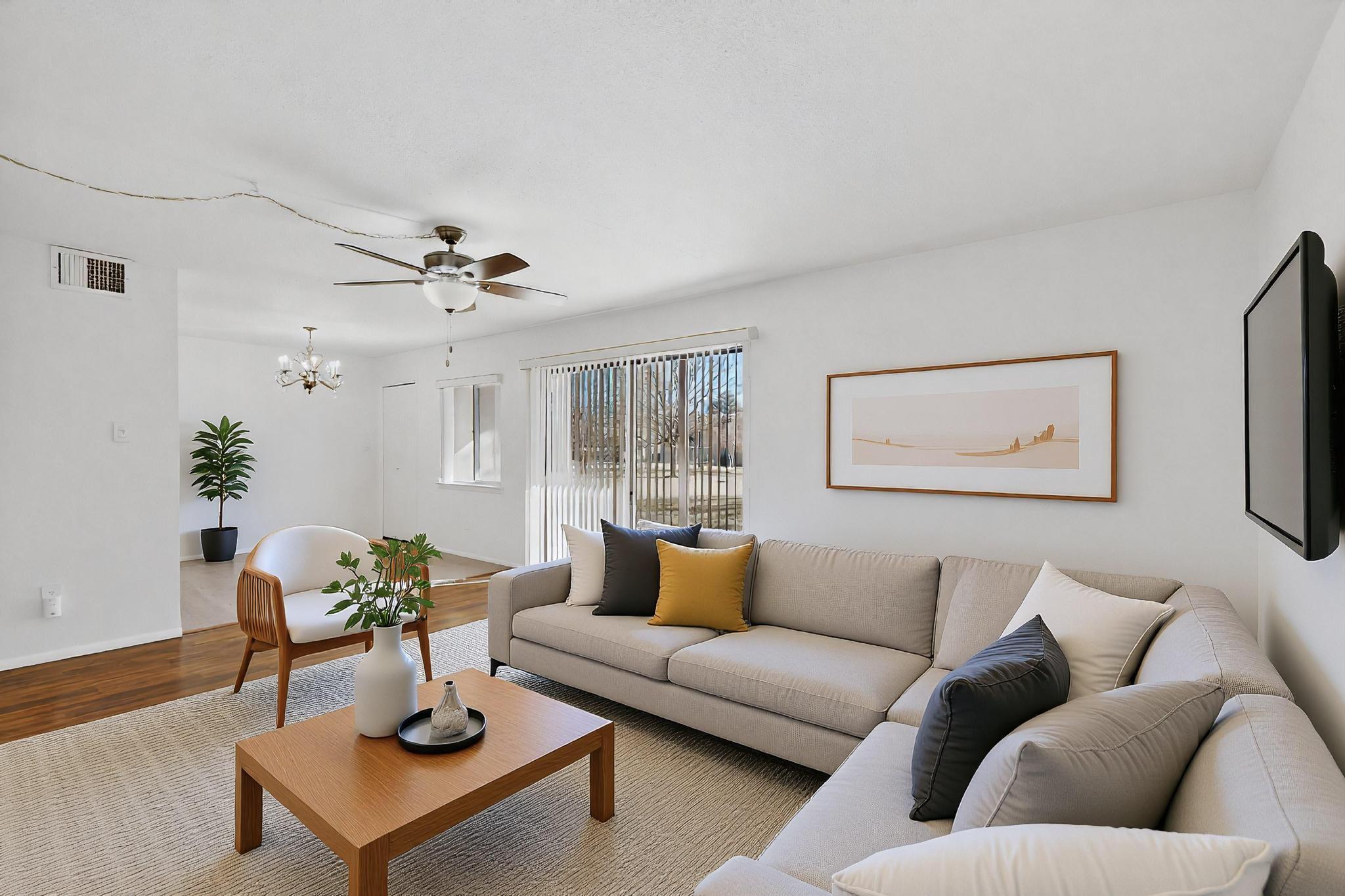 Convenient lower-level condominium featuring two bedrooms, including a primary suite with a 3/4 bathroom and shower. A full bathroom includes a stacked washer and dryer. The bright living area offers sliding patio doors that open to a grassy common area and community pool. The dining area includes a pantry, and the kitchen is equipped with all appliances. Additional features include refrigerated air, low-maintenance living, a  storage room located off the patio, a covered parking space, and community pool. The property is set within well-maintained grounds and is conveniently located near shopping, restaurants and Rust Medical Center.