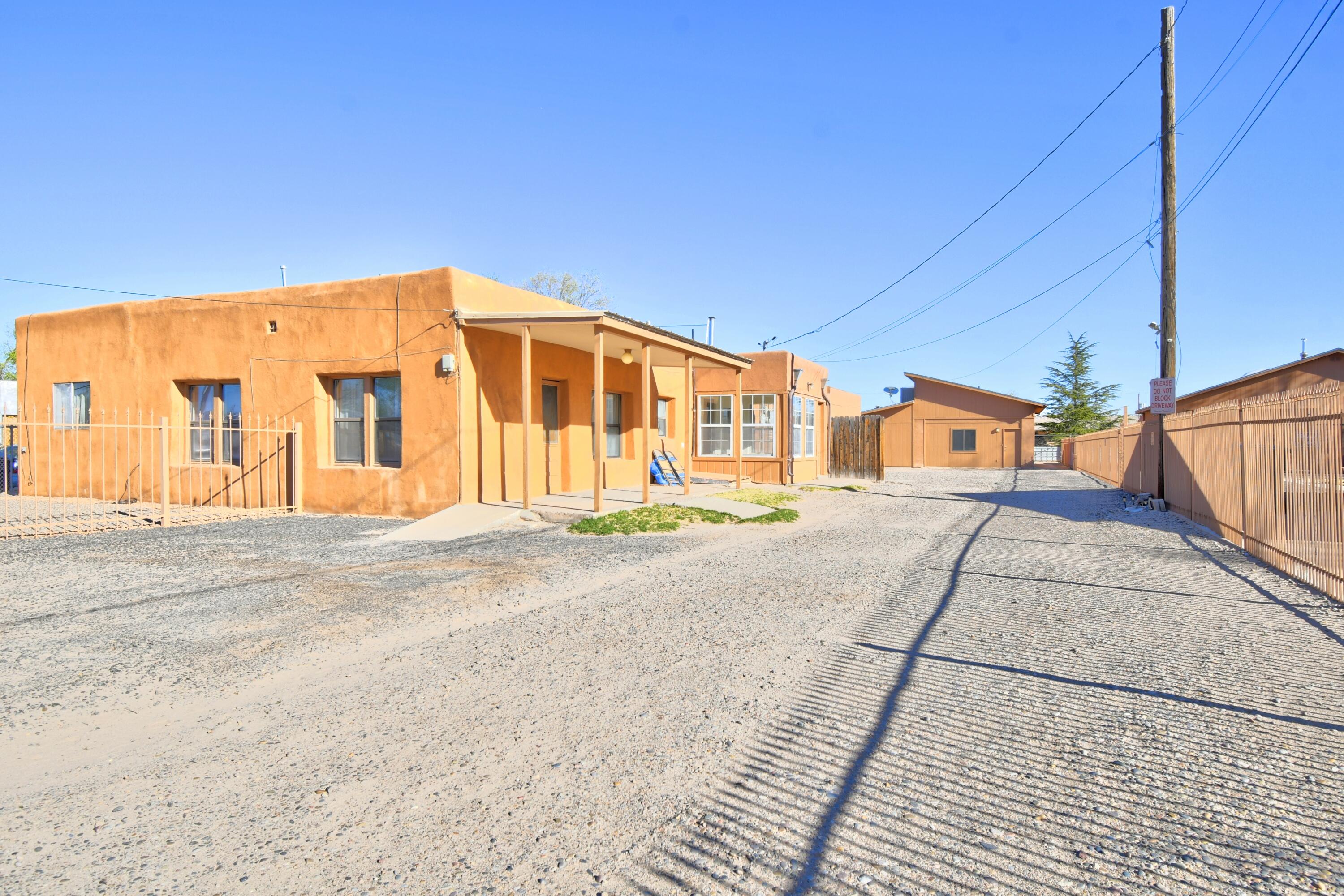 Unlock the potential of this exceptional multigenerational living property! This unique property boasts three separate units, offering a range of possibilities. Units A & B are separately metered, with Unit C being all electric. With a rich history this property offers a warm and inviting atmosphere, making it perfect for those seeking a comfortable home and a savvy investment opportunity. Don't miss out on this rare chance to own a property that can provide a lifetime of memories or a steady stream of income. A, a charming adobe-style - 3 bedrooms,1 bathroom, 1,106 sqft, laundry room, shed, and a screened-in porch. B, 3-bedroom,2-bathroom, 1,327 sqft, laundry room and a expansive porch or carport, great for entertaining. C, a cozy2-bedroom,2-bathroom retreat with a laundry room