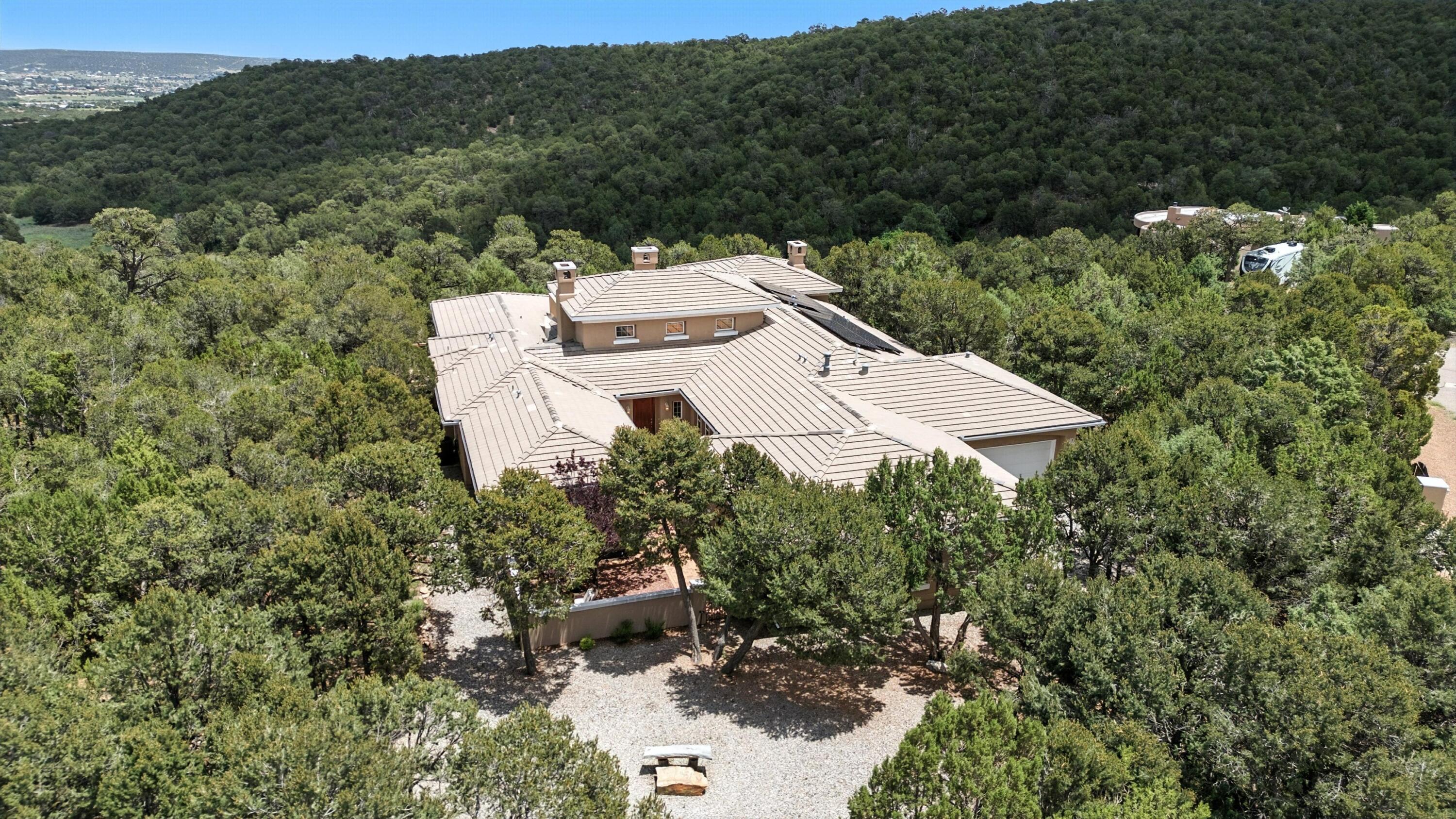 Just around 20 min drive from Albuquerque this one of a kind custom-built home in the desirable Rancho Verde community in Tijeras sits on a heavily wooded lot, offering privacy and shaded forest retreat. Features include a 6-car garage, hight ceilings, open-concept living spaces with chef's kitchen, wet bar, flex room for an office and so much more! The spacious primary suite opens to a private terrace that leads to outdoor spa. Enjoy morning workout/yoga or cozy year-round outdoor dinings by the wood-burning fireplace on the covered patio or opened terrace surrounded by nature .A rooftop observation point is a silent getaway with breathtaking views! Owned SOLAR panels and a heat pump keep electric bill incredibly low! Just nature, comfort and tranquility! Seller financing available.