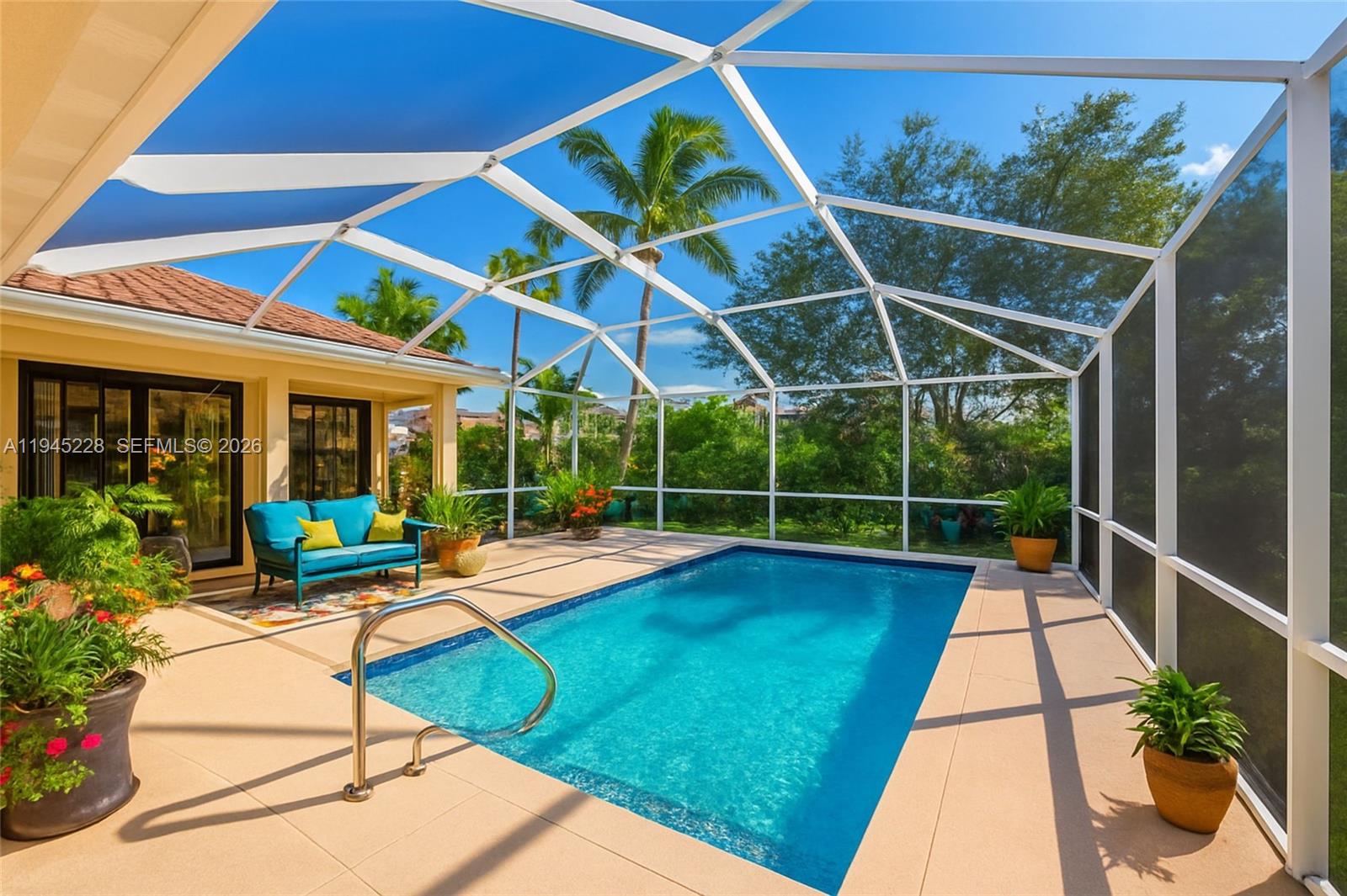 Experience the pinnacle of Florida elegance in this updated Windsor model. Boasting serene water views from every window, this 4BR + Den, 3BA sanctuary shows like a model home with rich wood flooring and bespoke crown molding. The epicurean kitchen is a masterpiece, featuring custom cabinetry, granite, double ovens, and dual sinks. Transition through elegant French doors to your private oasis: a sparkling pool (resurfaced 2021) with a 2024 pump and tranquil lake vistas. Ultimate peace of mind is ensured with accordion shutters, a generator, 2021 Carrier A/C, and newer appliances. From the central vacuum to the meticulous finishes, every detail is move-in ready. Experience a lifestyle of luxury and serenity, your stunning waterfront retreat awaits!