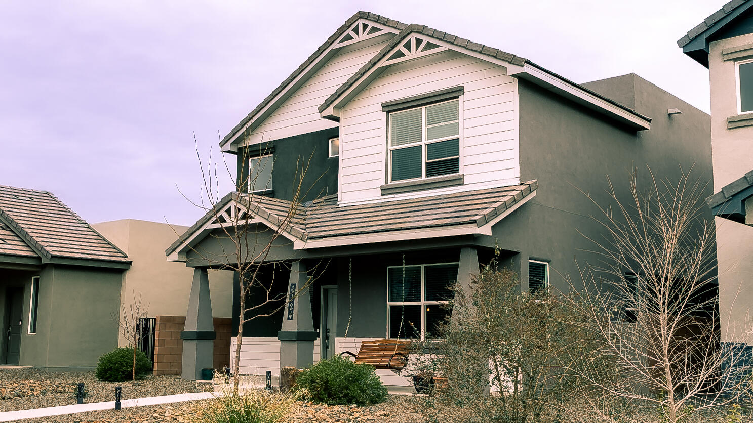Built in 2022 & located in Mesa Del Sol, this cottage-style home offers modern finishes & like-new condition. Open floor plan w/ 9-foot ceilings & LVP flooring on the lower level. Kitchen features solid surface countertops, island w/ breakfast bar, Shaker style cabinetry, recessed stainless sink, bronze fixtures, 5 burner gas range, built-in microwave, refrigerator, large walk-in pantry, & extra storage under stairs. 1/2 bath downstairs. All bedrooms upstairs w/ spacious secondary rooms w/ mountain views & full hall bath w/ custom tile surround. Primary suite offers a large walk-in closet w/ built-ins, dbl sinks, & oversized custom tile surround shower. High-efficiency HVAC, tankless water heater, low-maintenance landscaping, covered patios. Community parks, walking trails & swimming pool.