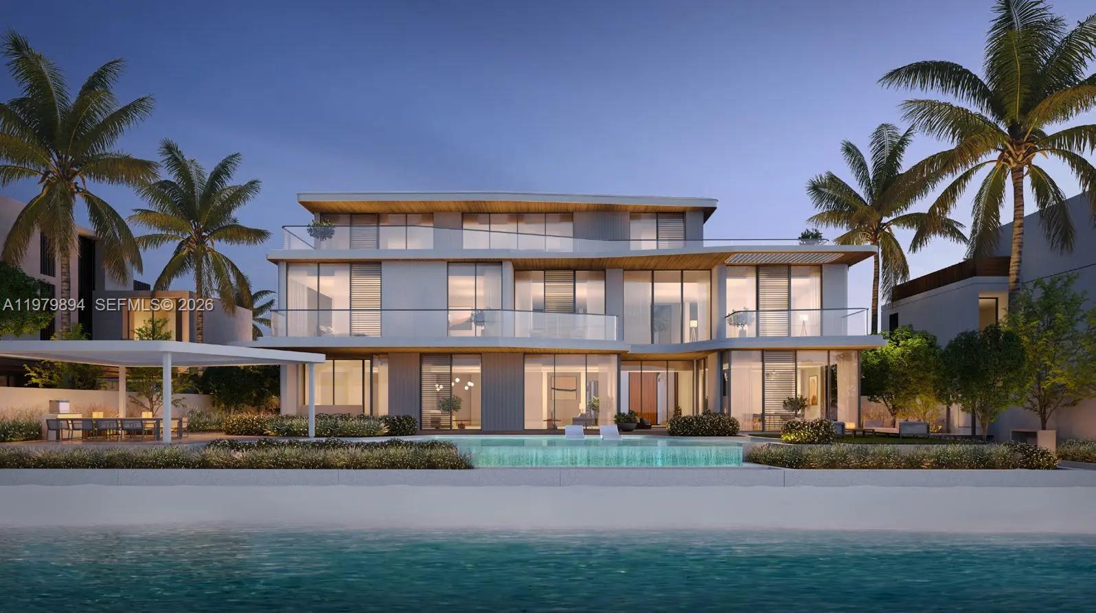 Stunning waterfront exterior at 501 Palm Jebel Ali Access Road - Luxury Estate in Miami