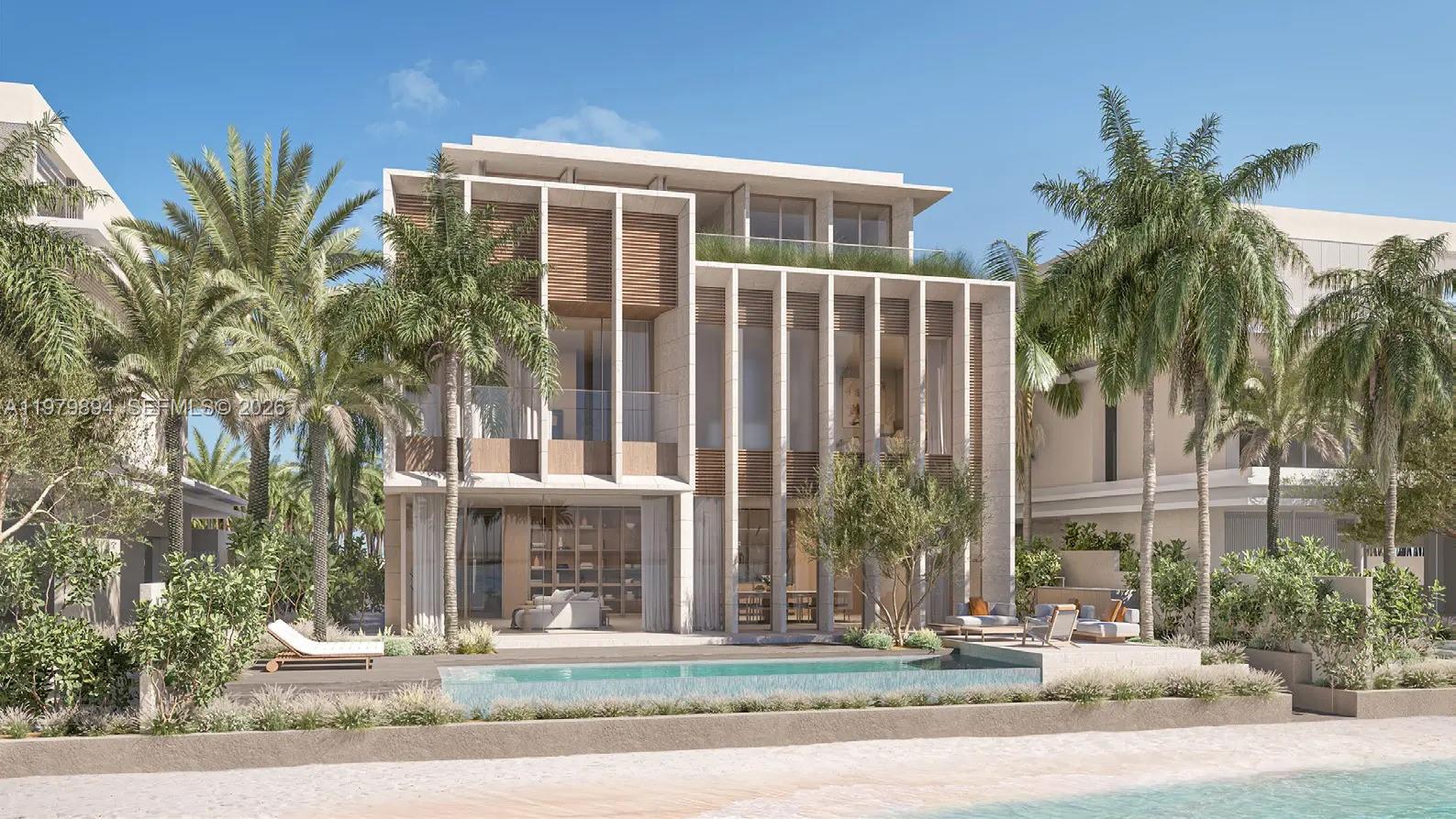 Stunning waterfront exterior at 501 Palm Jebel Ali Access Road - Luxury Estate in Miami