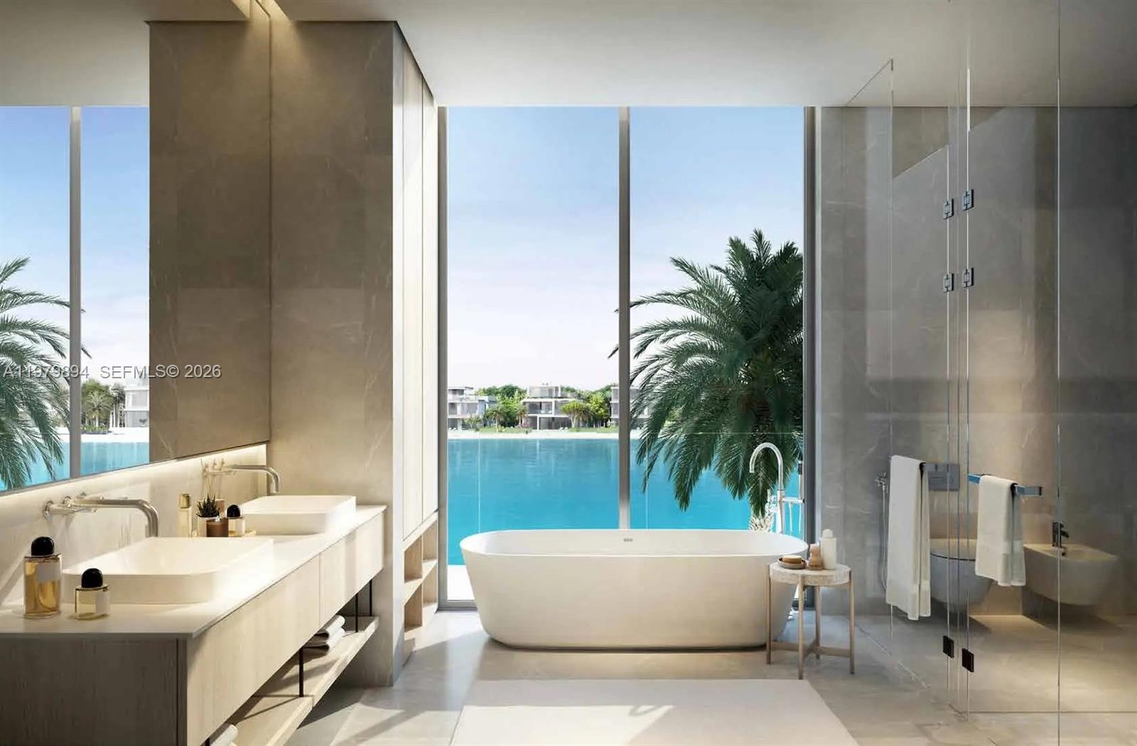 Designer master bathroom at 501 Palm Jebel Ali Access Road - Luxury Estate in Miami
