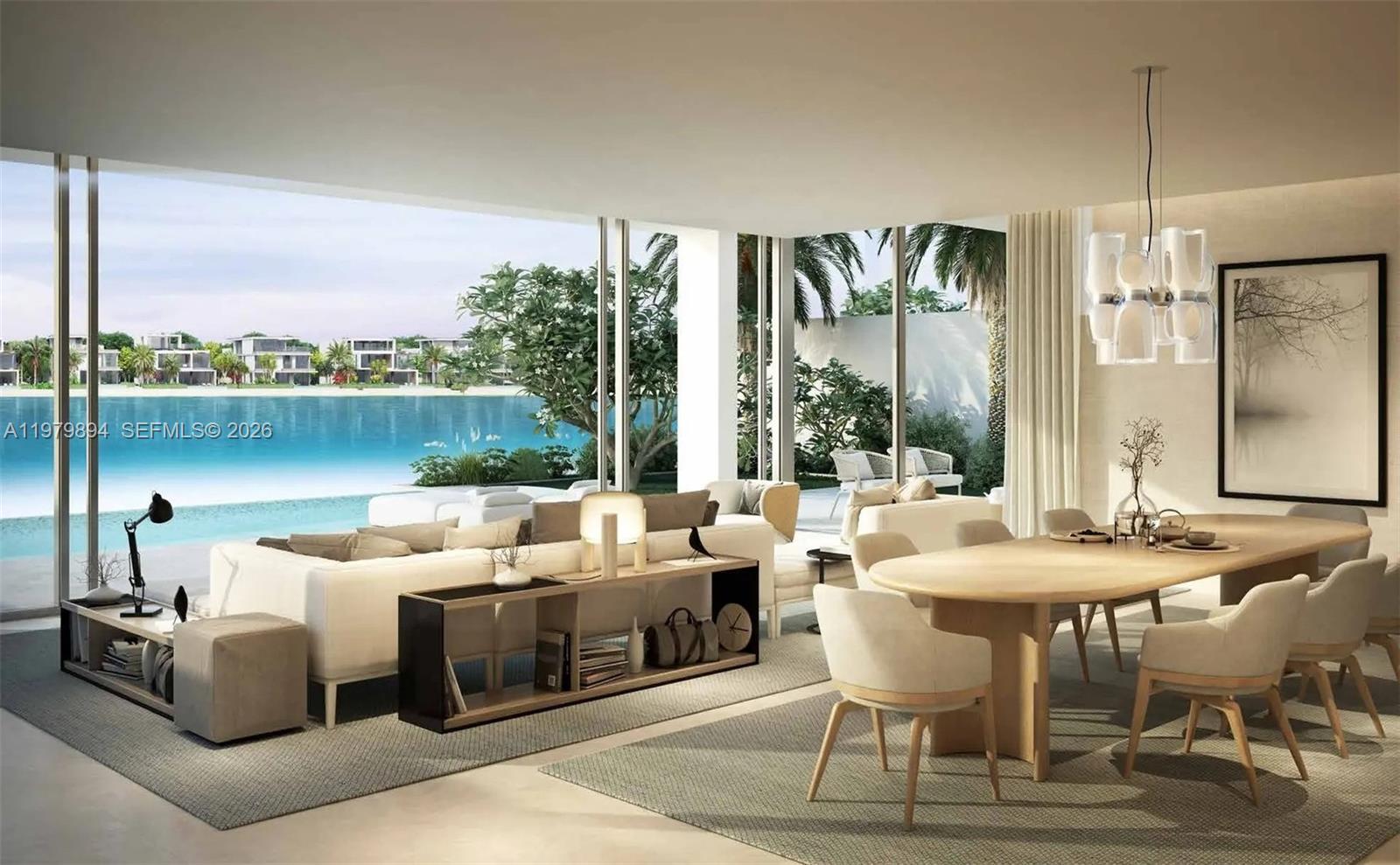 Spacious living room with panoramic views at 501 Palm Jebel Ali Access Road - Luxury Estate in Miami