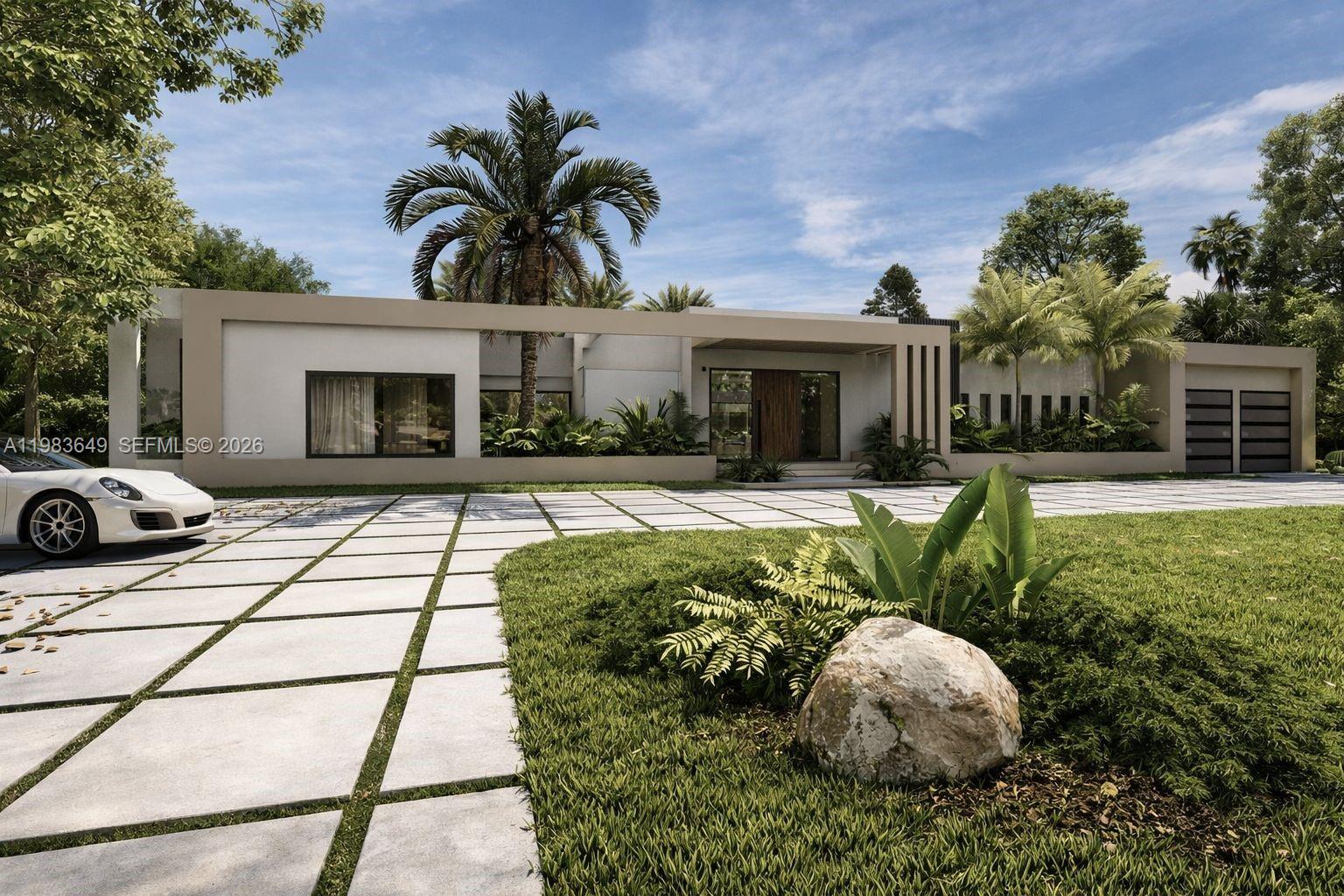 Striking brand new contemporary residence designed around a spectacular private courtyard pool with fountains and lush tropical landscaping, creating seamless indoor-outdoor living. Thoughtfully appointed with globally sourced finishes, the home features a heated Sukabumi–tiled pool from Bali, bespoke European closets and vanities, and signature Indigo Doors throughout. This meticulously designed home offers 5 bedrooms and 7.5 bathrooms with expansive living spaces, soaring ceilings, clerestory windows, and walls of glass that fill the interiors with natural light. The chef’s kitchen is a true centerpiece, featuring an Italian Binova Italcraft design with dramatic marble waterfall islands, custom cabinetry, Wolf and Sub-Zero appliances, and a full second pantry. Additional spaces include a private office, gym, family room, and second media room. The resort-style courtyard is surrounded by expansive terraces and complemented by two cabana bathrooms, creating the perfect setting for entertaining and relaxed South Florida living.