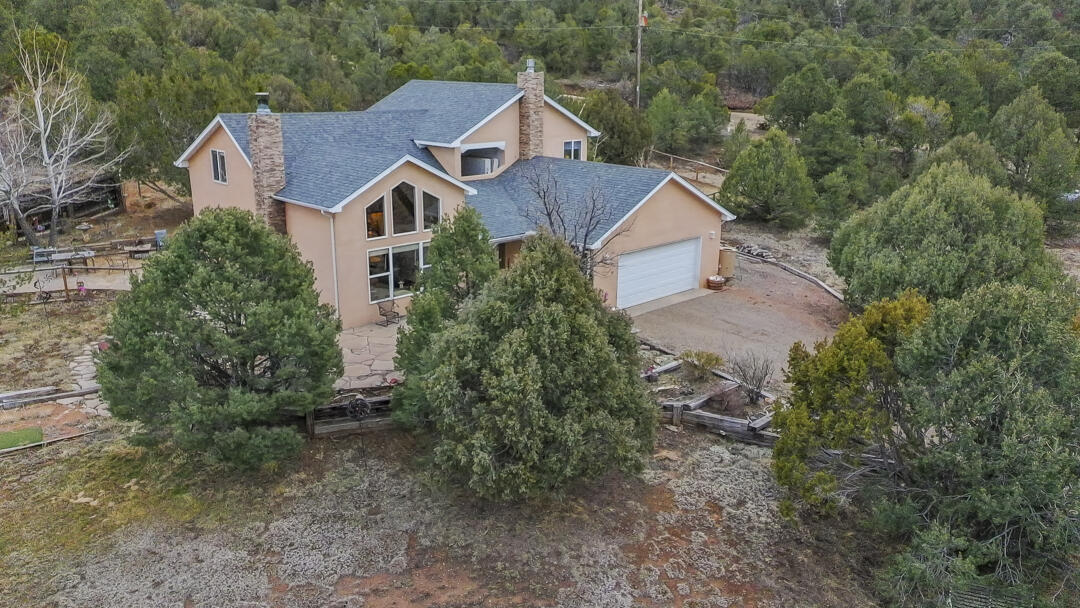Stunning custom mountain home situated in a quiet valley - the home is nestled on 14 beautiful acres offering breathtaking views of the Sandias! The open floor-plan features cathedral ceilings and an upper loft/family room area.  The property consists of wooded and meadow areas and offers an enchanting, private backyard with a flagstone patio and koi pond. Other features: detached shop/storage building, new roof, walking distance to open space trails, new septic tank to be installed - all just minutes to ABQ!