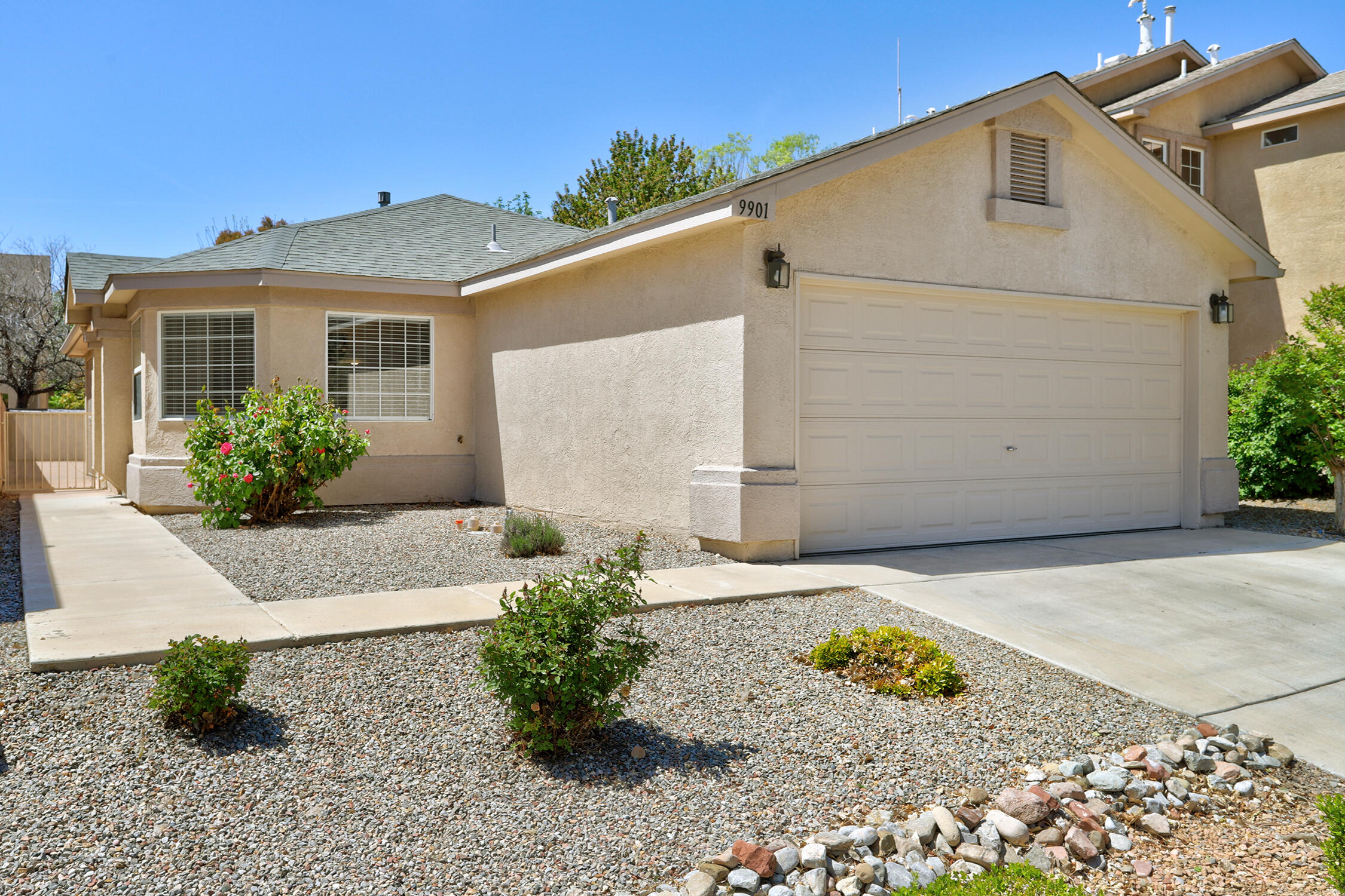 One of the cleanest homes on the market. Checks off nearly all the boxes. Absolutely move-in ready condition. Wood-look tile throughout the living room, kitchen, and dining area. Open floor plan. Vaulted ceilings. Fireplace in the living room. Bay window in the dining area. Updated kitchen with granite counter tops, stainless steel appliances, and a pantry. Ceiling fans throughout the home. New carpet in all three bedrooms. Five year old roof. A/C. Paid off solar! Landscaped backyard with a beautiful lawn. Gas stub out for the grill.  Concrete slab. Easy to maintain. This one is a gem. Located in Ventana Ranch West. Nice trails and parks. Great schools. Don't miss out!
