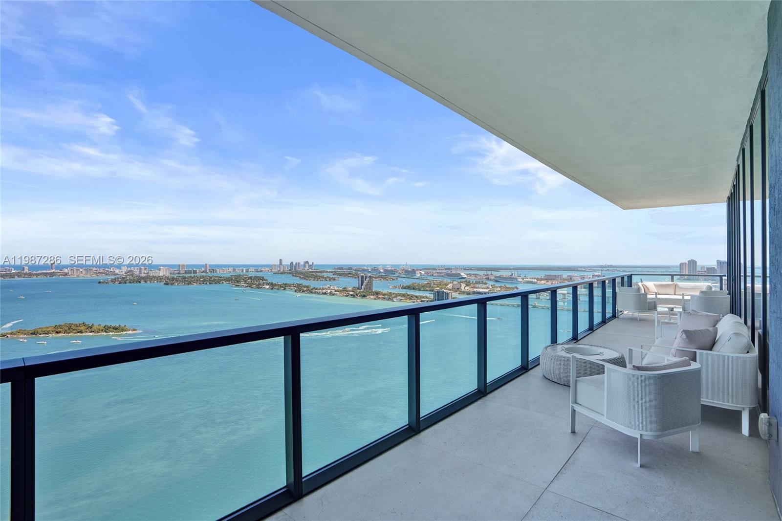 Breathtaking 180-degree views of the open bay, Downtown Miami skyline, and the Atlantic Ocean define this exceptional residence at Elysee Miami. A private elevator entry opens directly into 3,966 total square feet of updated living space, offering a refined expression of modern luxury.This fully remodeled 5-bedroom, 5.5-bath home features bright, expansive interiors, soaring ceilings, and two oversized terraces capturing sunrise and sunset views. The residence is appointed with a full Savant smart home system controlling lighting, audio, climate, and shading, along with Waterworks fixtures and Sub-Zero and Wolf appliances throughout.The fifth bedroom is currently configured as a den and can be easily converted back to a full bedroom.Elysee Miami offers boutique living with only two residences per floor and fewer than 100 total homes. Amenities include sunrise and sunset pools, fitness center, spa, yoga studio, children’s playroom, and resident lounge. Full-service building with 24-hour concierge, security, and valet.Ideally located in Edgewater, minutes from the Design District, Midtown, Wynwood, Downtown, and Miami Beach.