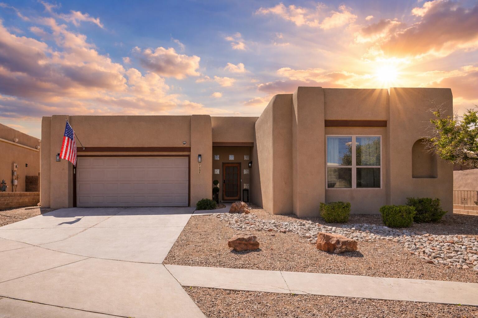 Welcome to your dream home in the heart of Albuquerque! This stunning 4-bedroom, 2,624-square-foot haven perfectly blends elegance and functionality. Step inside to discover an open floor plan bathed in natural light, effortlessly connecting spacious living areas that are ideal for both entertaining and family gatherings. The modern color palette and chic finishes throughout amplify its contemporary charm. Featuring gourmet kitchen appliances, sleek cabinetry, and a stylish island--your culinary adventures await! Each bedroom offers ample space with plush carpeting and sizable closets. The beauty extends outdoors with a fully landscaped yard designed for relaxation and play. . Best of all, this home is energy efficient with solar panels fully paid off--experience lower utility bills along