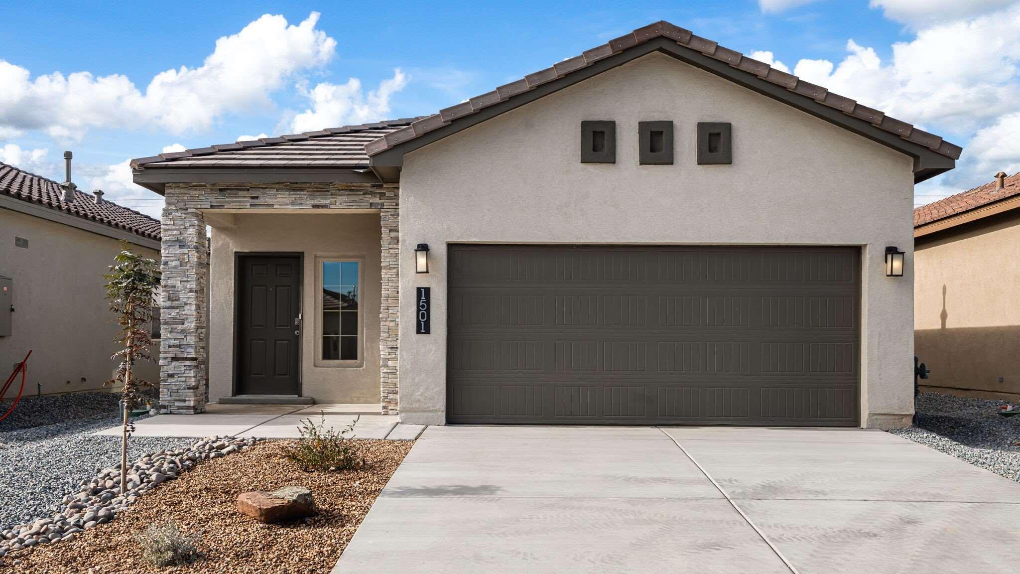 The Sophia is a well-designed one-story new home floorplan in Rio Rancho, New Mexico-- where convenience meets charm. Offering 3 bedrooms, 2 bathrooms, and a 2-car garage within 1,420 square feet, the Sophia is tailored for relaxed living with just the right amount of space. Curb appeal shines through with exterior elevation options that reflect a modern desert aesthetic. Inside, the Sophia's layout centers around a fluid, open-concept space that merges the kitchen, dining, and living areas. The kitchen comes equipped with a spacious kitchen island, a decorative tile backsplash, Whirlpool(r) stainless steel appliances and coordinated cabinetry. Large windows bring in natural light, and the generous living space is perfect for winding down or welcoming company.