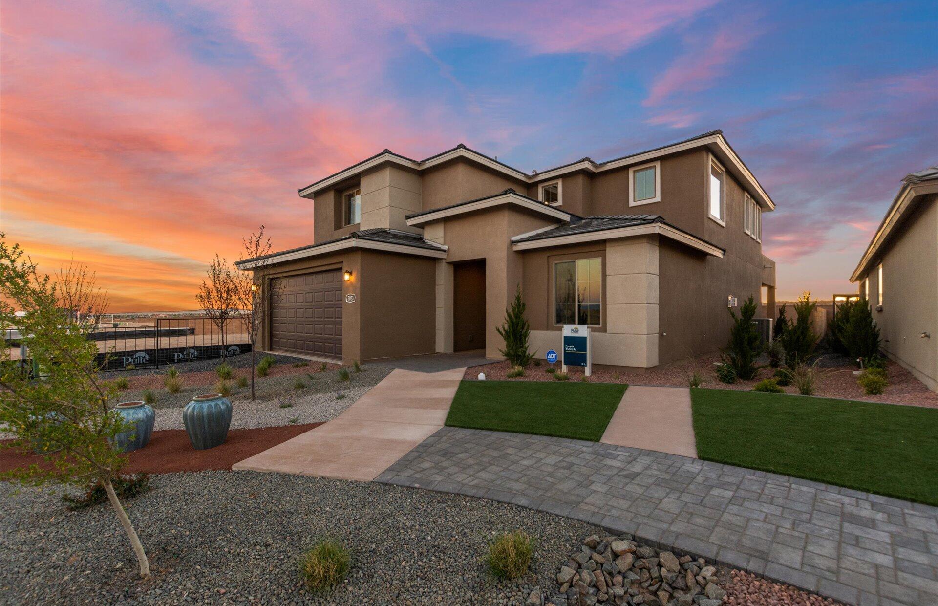 Our Model Yucca Floor plan is now ready to sell! This wonderful home is located in one of Rio Rancho's highly sought after Communites, Los Diamantes. Enjoy the popular Yucca home that boasts natural light throughout with oversized windows along with the oversized center sliding glass door. You will be amazed at the high cathedral ceiling at the gathering room!  The primary suite is located on the main level. You will enjoy cooking  in the upgraded chefs kitchen . The kitchen will  include built in gas cooktop along with Stainless steel  oven/microwave.  The backyard will give ample room for backyard BBQ's and family gatherings and will come fully landscaped. Come out and see us today!